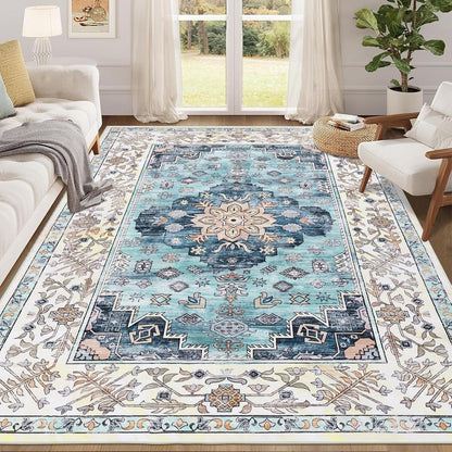 Boho Teppich 160x230cm Türkis Rutschfest Waschbar Kurzflor
