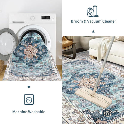 Boho Teppich 160x230cm Türkis Rutschfest Waschbar Kurzflor