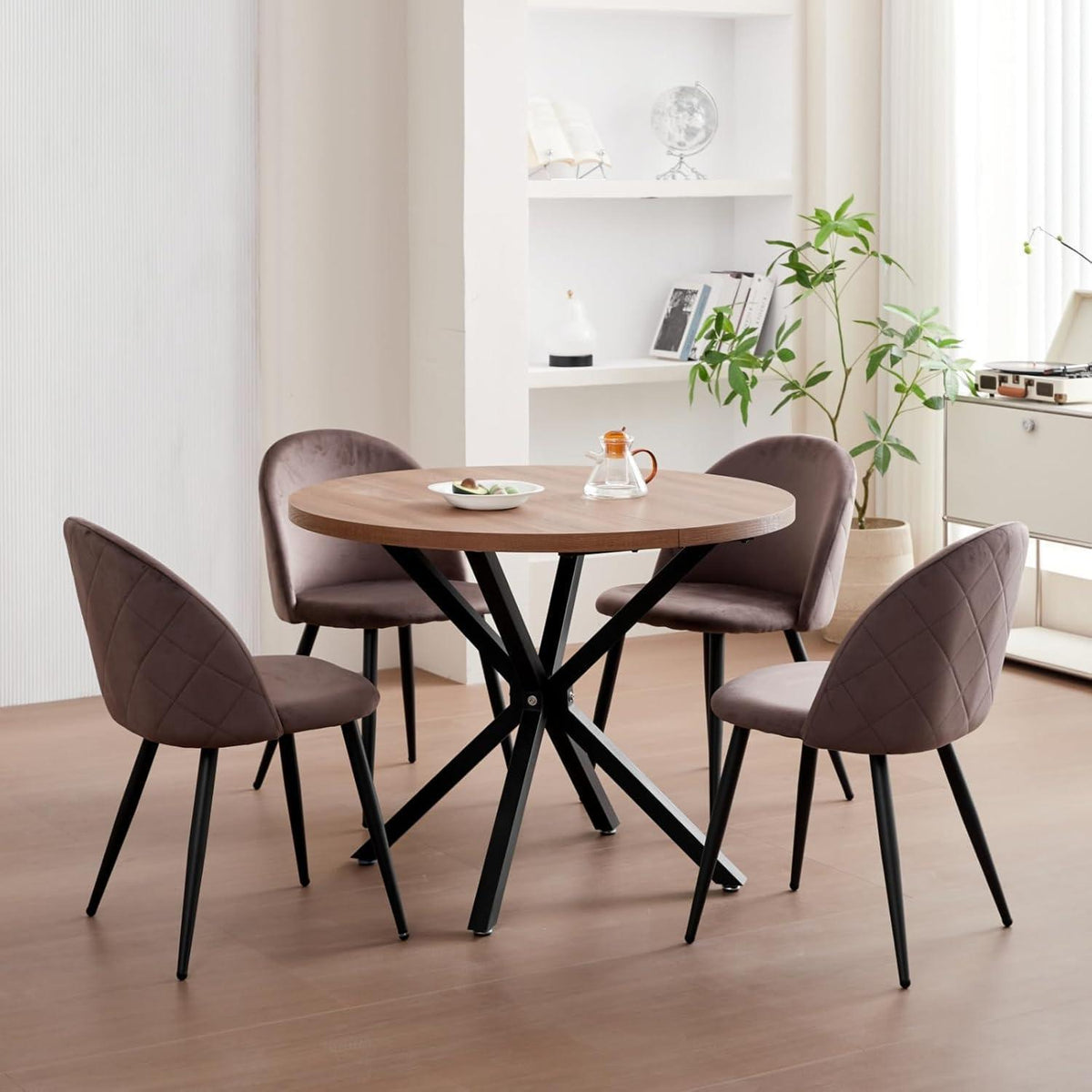 6er Set Samt Esszimmerstühle mit Metallbeinen – Braun