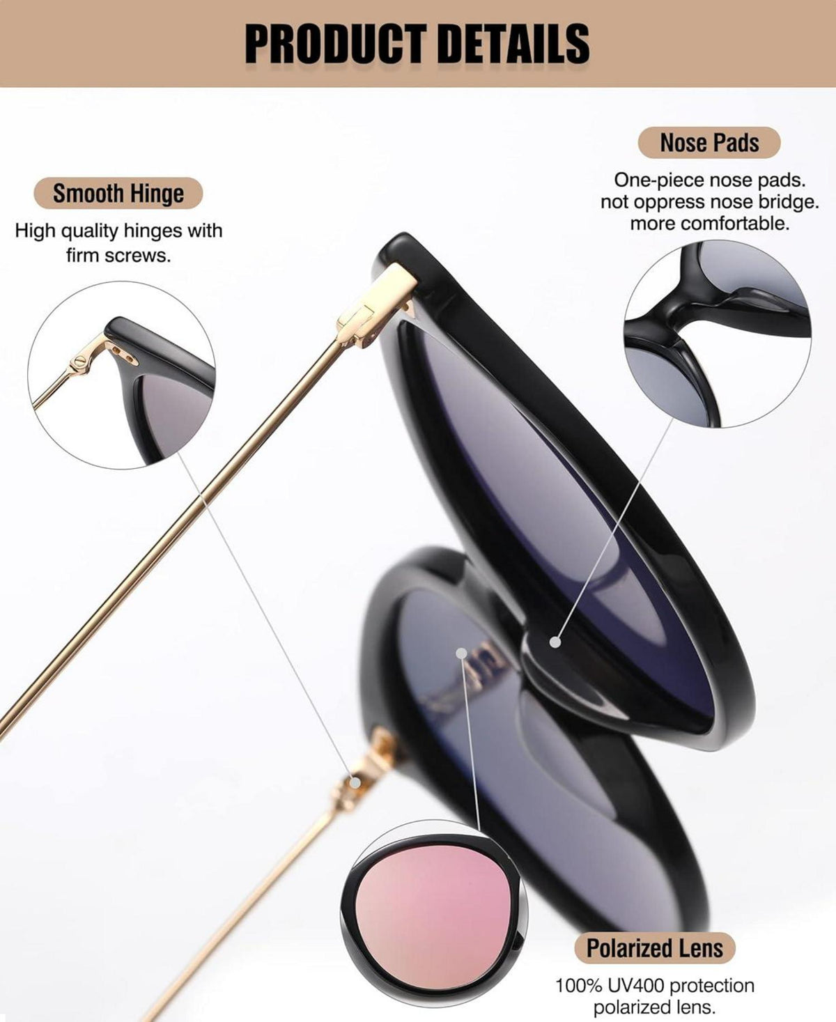 Damen Retro Sonnenbrille Rund Polarisiert UV400 Vintage Schutz Acetat