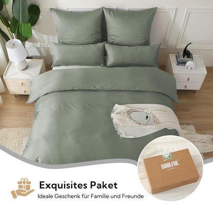 Satin Bettwäsche Set 220x240 GrauSage - 3tlg. Baumwolle Kühlend