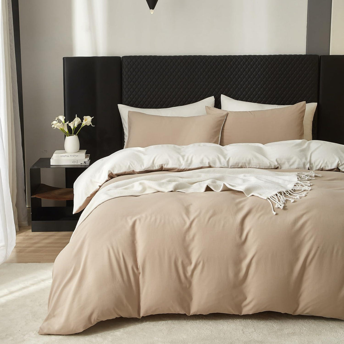 Wendebettwäsche 200x200 cm Baumwolle Beige-Weiß 3-teilig