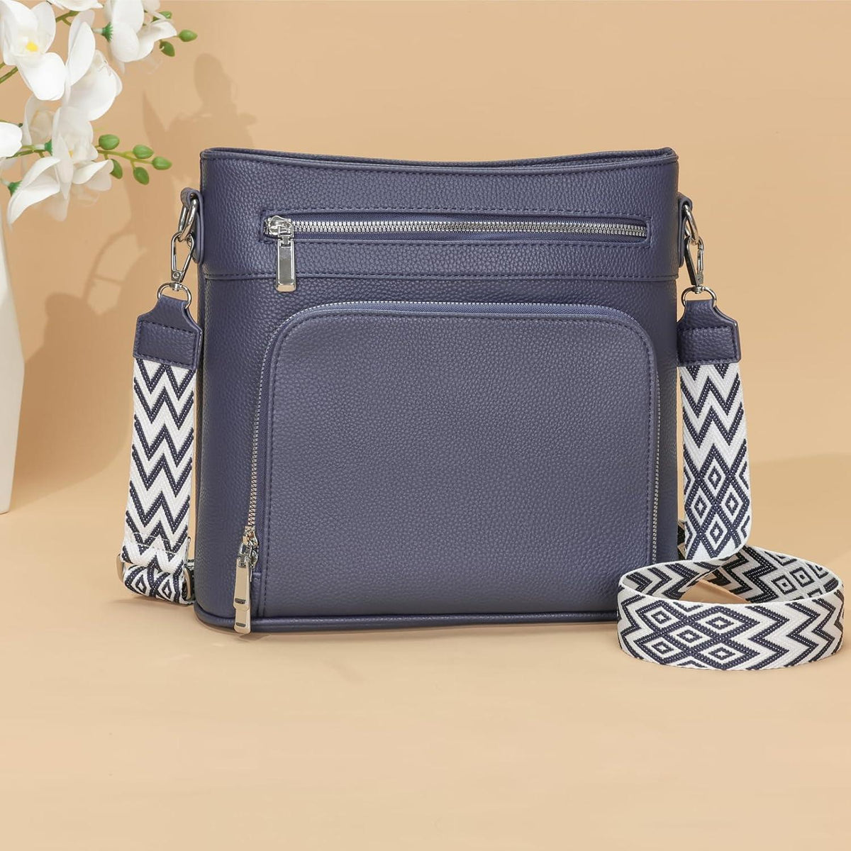 Damen Handtasche Mittelgroß Umhängetasche Vegan Leder Crossbody Blau