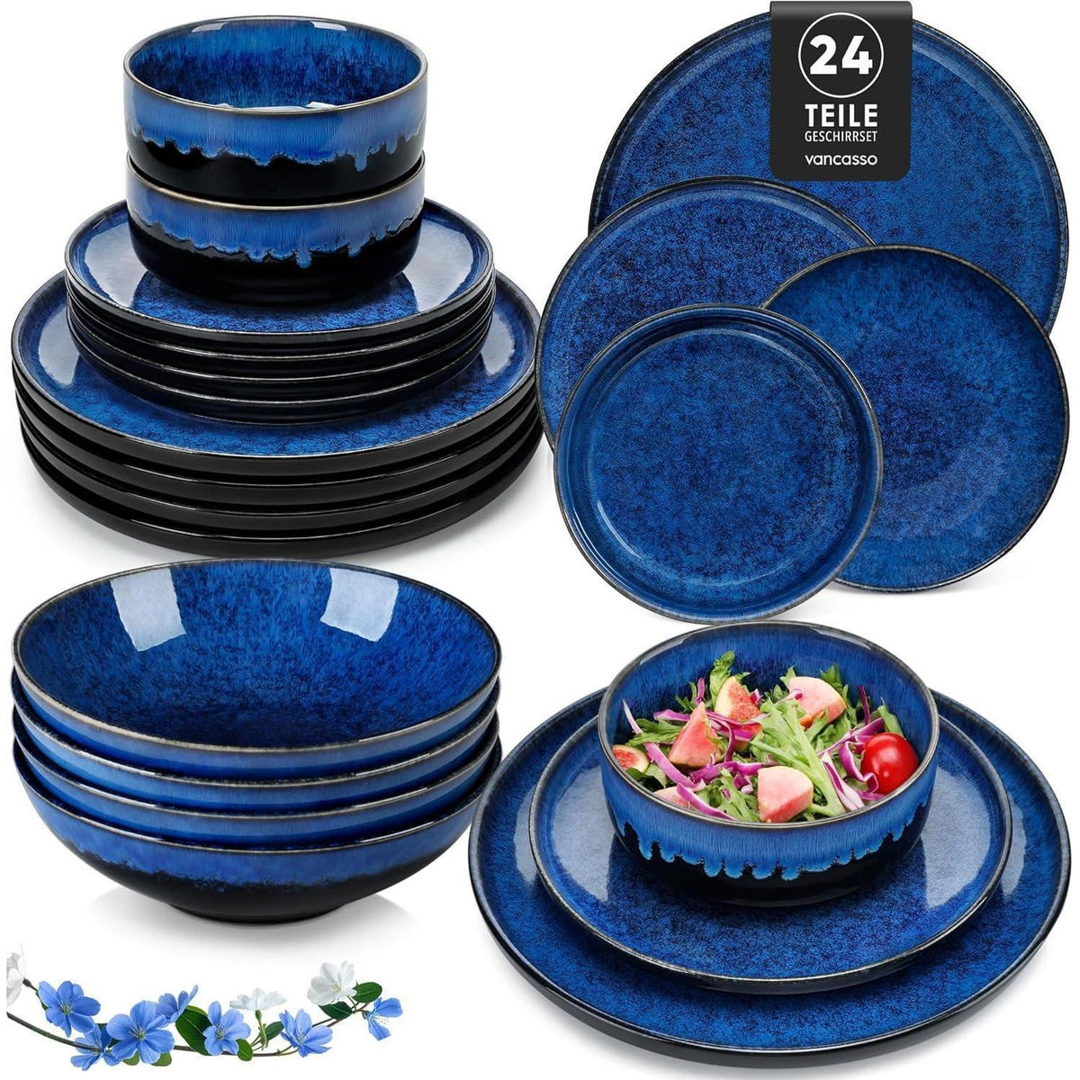 Modernes Steingut Geschirrset 24-teilig Blau für 6 Personen