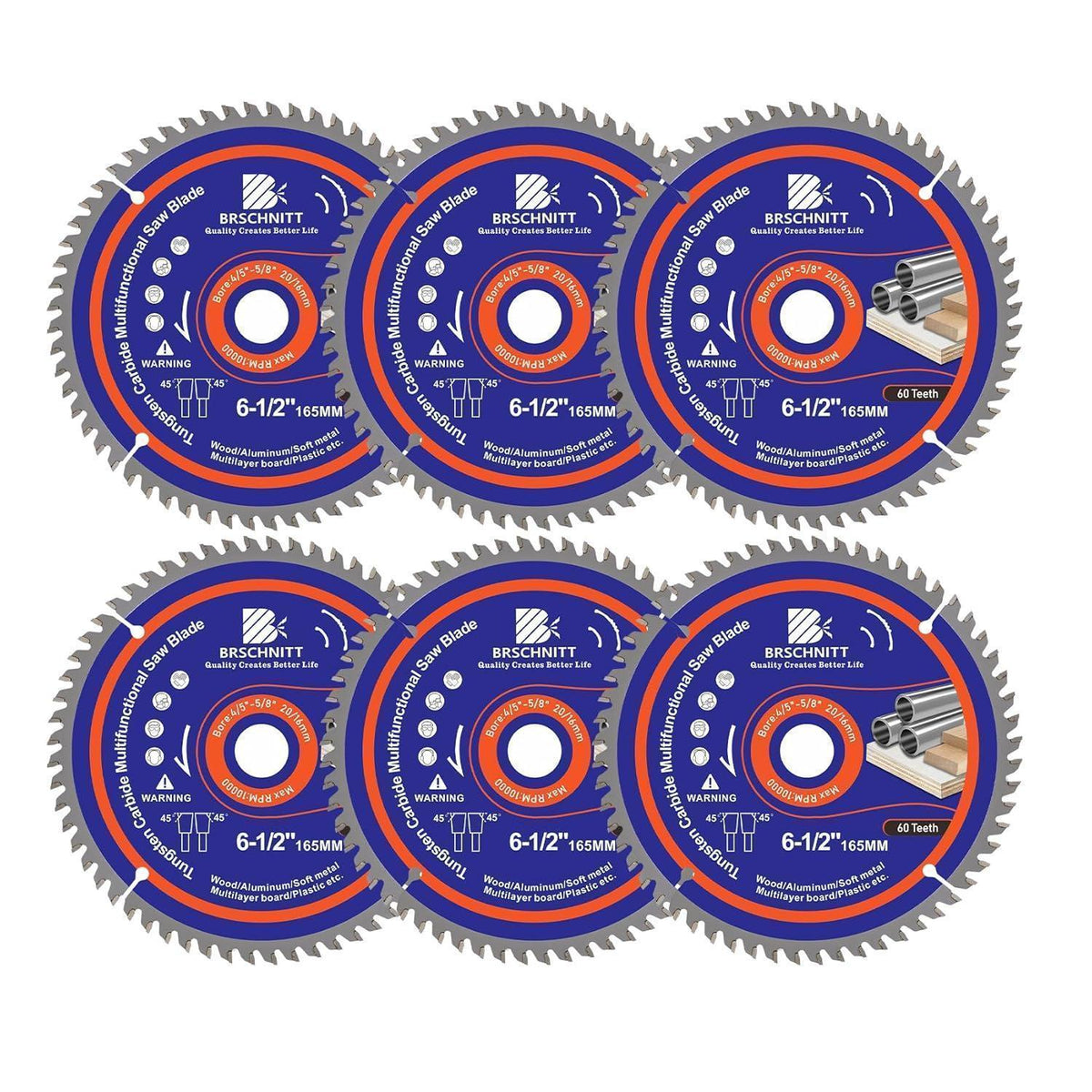 Kreissägeblatt 165mm 60T für Holz, Metall & Alu (6 Stück)