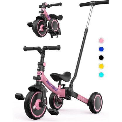 5-in-1 Kleinkind-Dreirad mit Schiebestange, faltbar, Rosa
