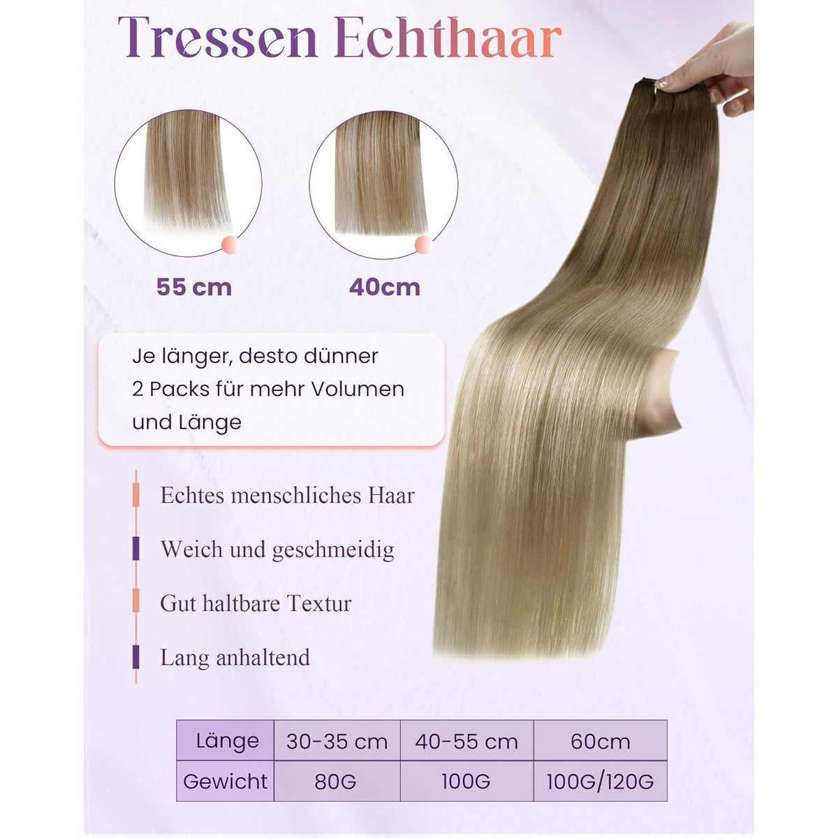 Echthaar Tressen Balayage Braun Ombre Aschblond 35cm