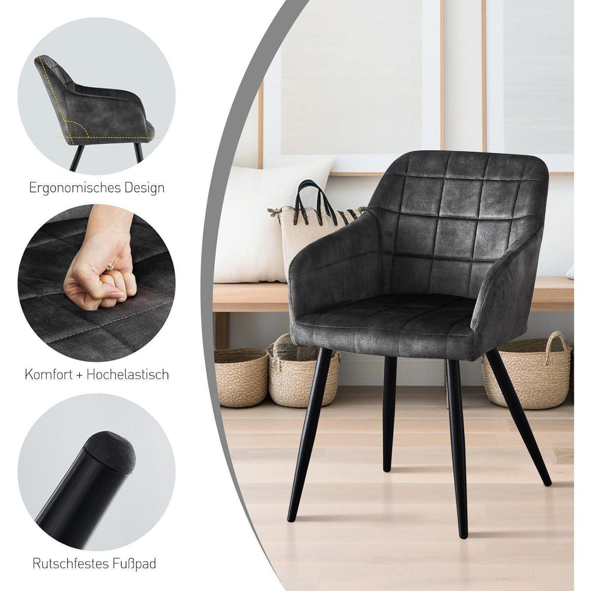Samt Esszimmerstühle 6er Set, Kohlenstoffgrau