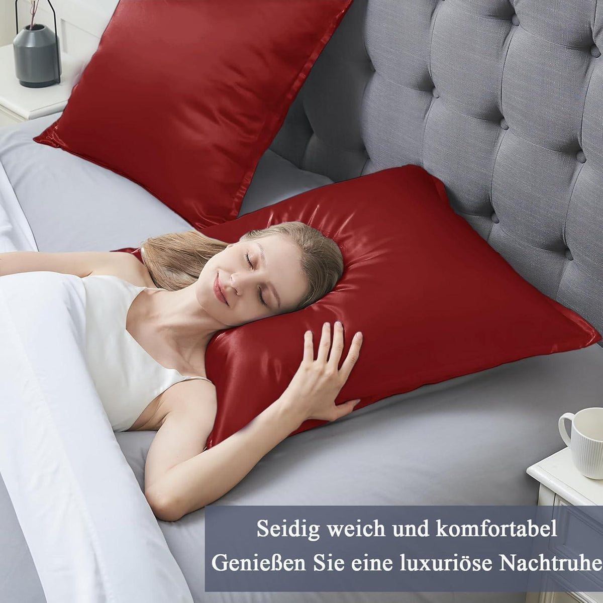 2er Set Satin Kissenbezüge 80x80cm Rot mit Reißverschluss