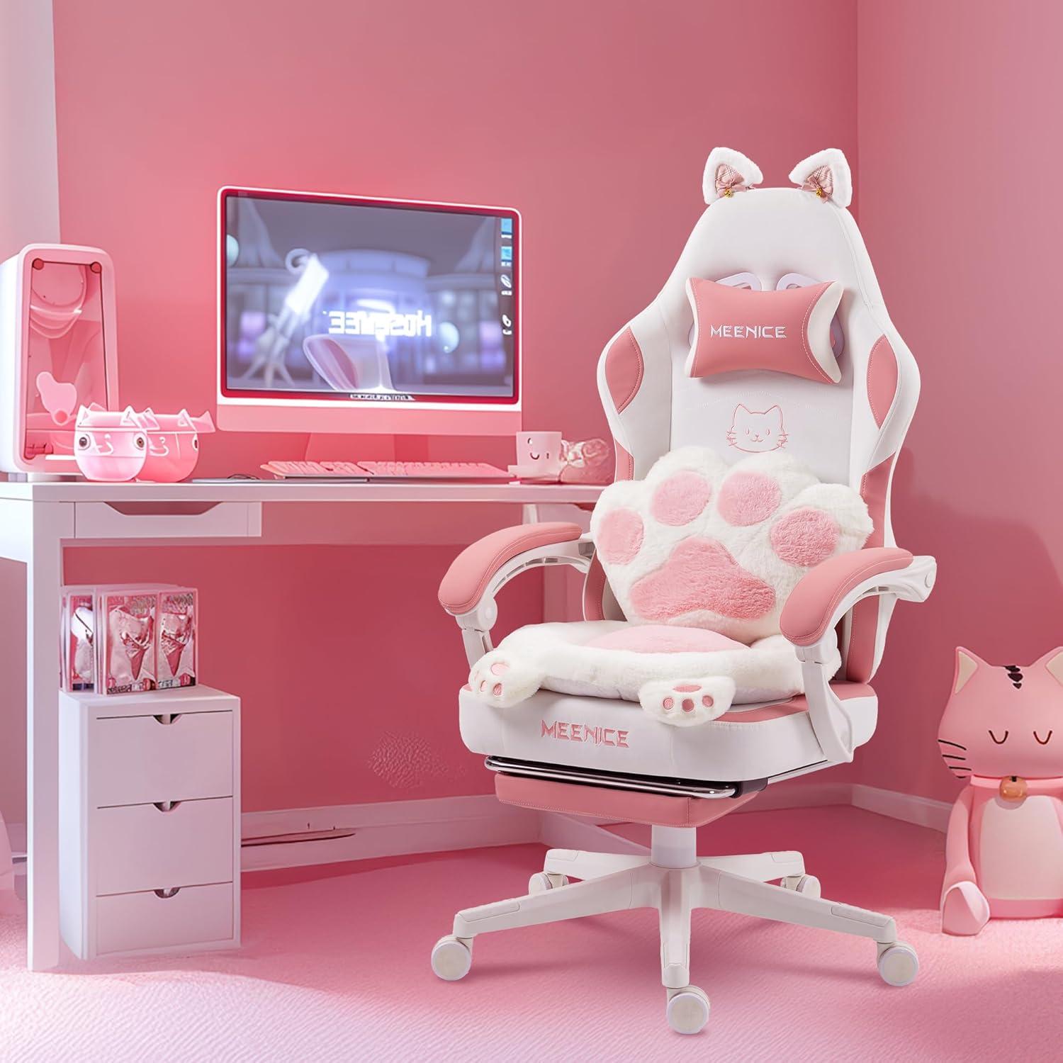 Gaming Stuhl mit Katzenohren, Velour, Fußstütze & Lendenkissen, Rosa