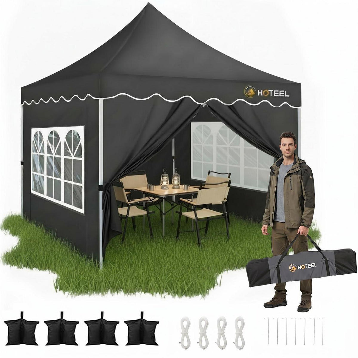 Faltpavillon 3x3 mit Seitenwänden – Wasserdicht & Stabil Schwarz