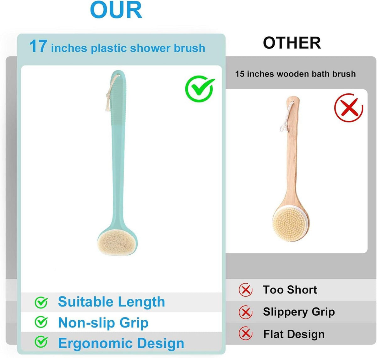 Rückenbürste für Dusche 43 cm Anti-Rutsch Griff Nass
