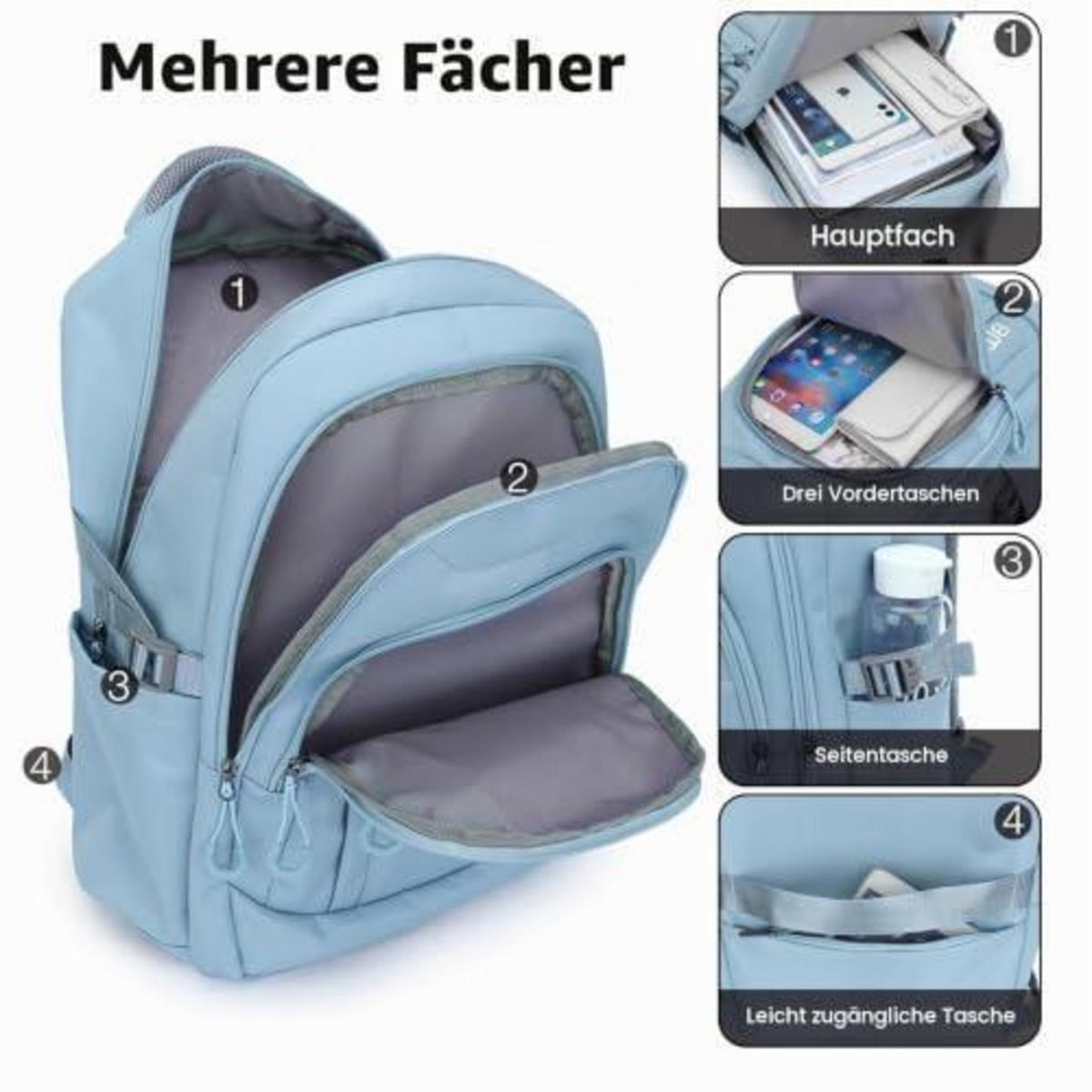 Laptop Rucksack Damen 15.6 Zoll – Babyblau, Schulrucksack Teenager