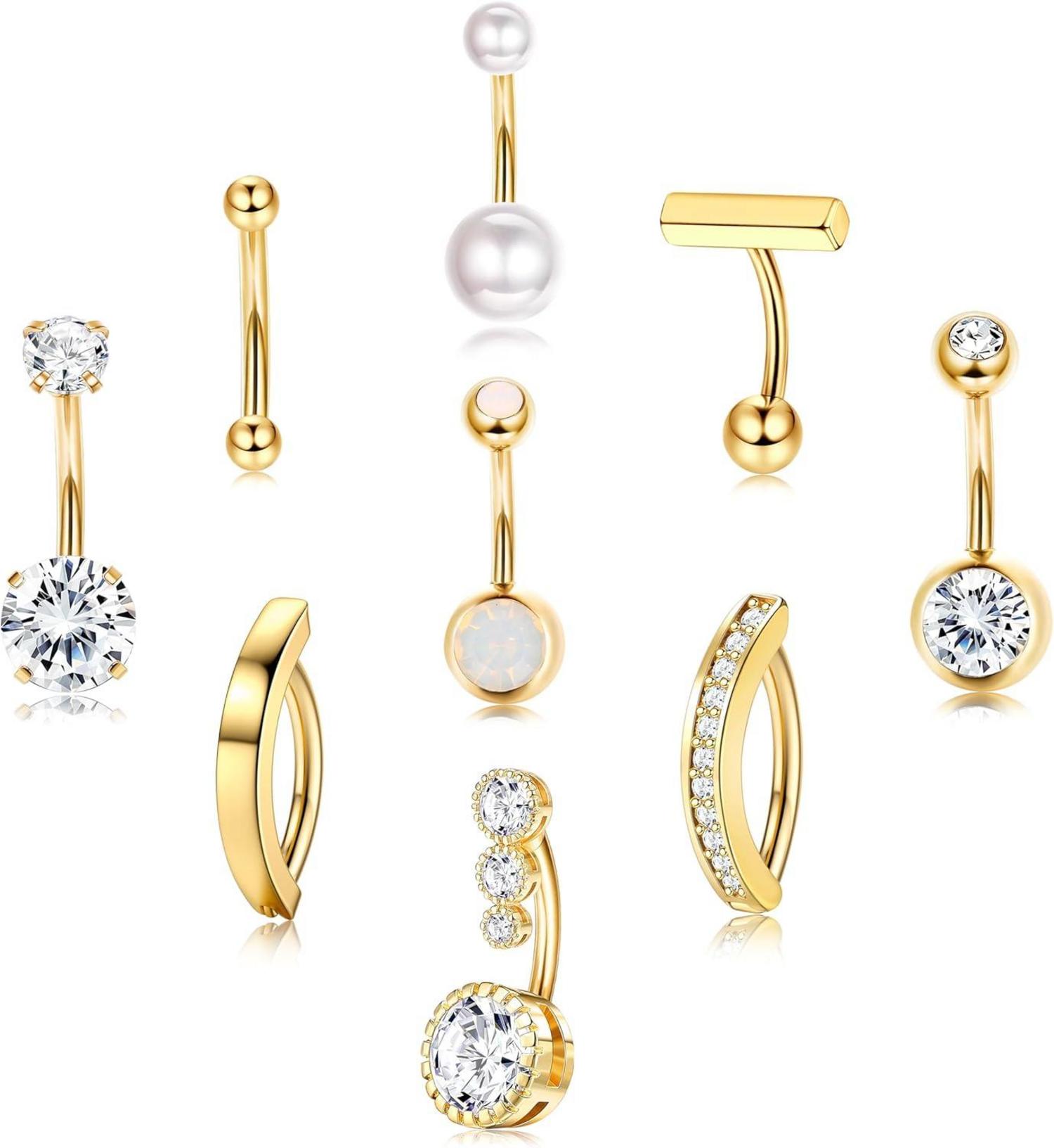 Bauchnabelpiercing Set 9stk Gold Silber CZ Opal Perle 14G