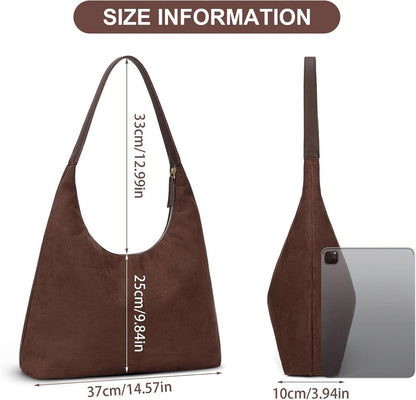 Damen Vintage Wildleder Schultertasche mit Reißverschluss - Braun