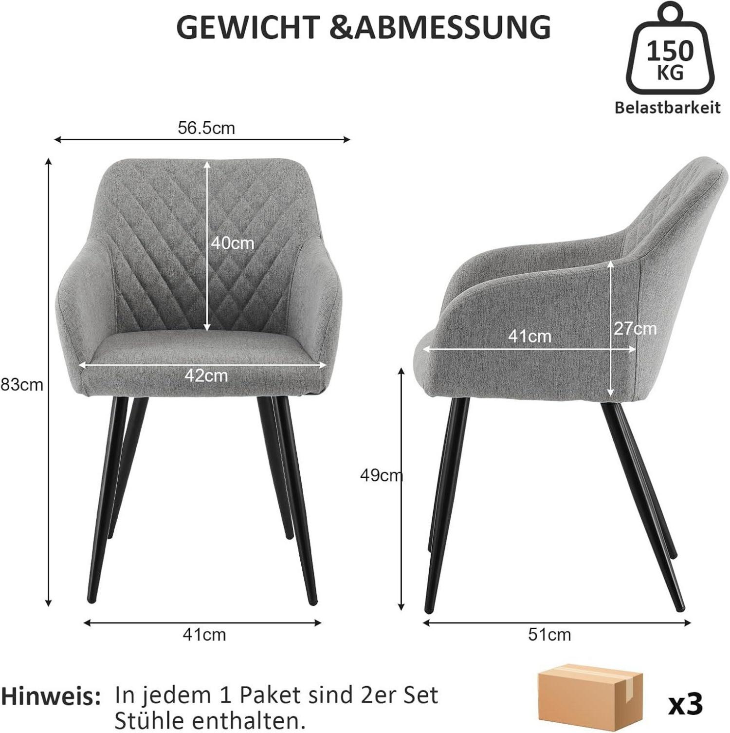 Set 6er Esszimmerstühle Leinenbezug Armlehne Metallbeine Granitgrau
