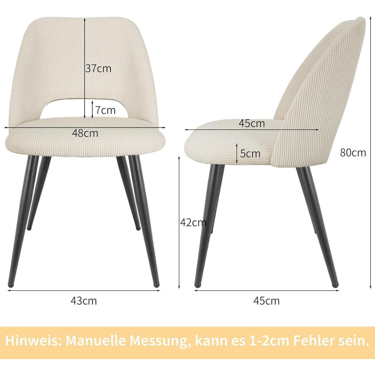 Esszimmerstühle 2er Set, Beige Kordsamt, Ergonomisch & Robust