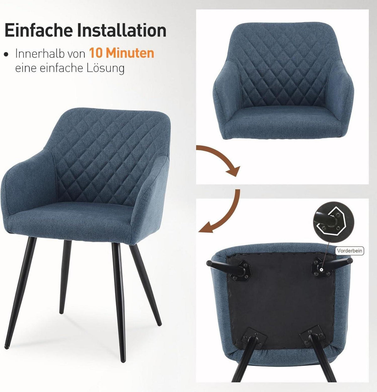 Esszimmerstühle Set 6er Leinen Bezug Armlehne Metallbeine Tiefseeblau