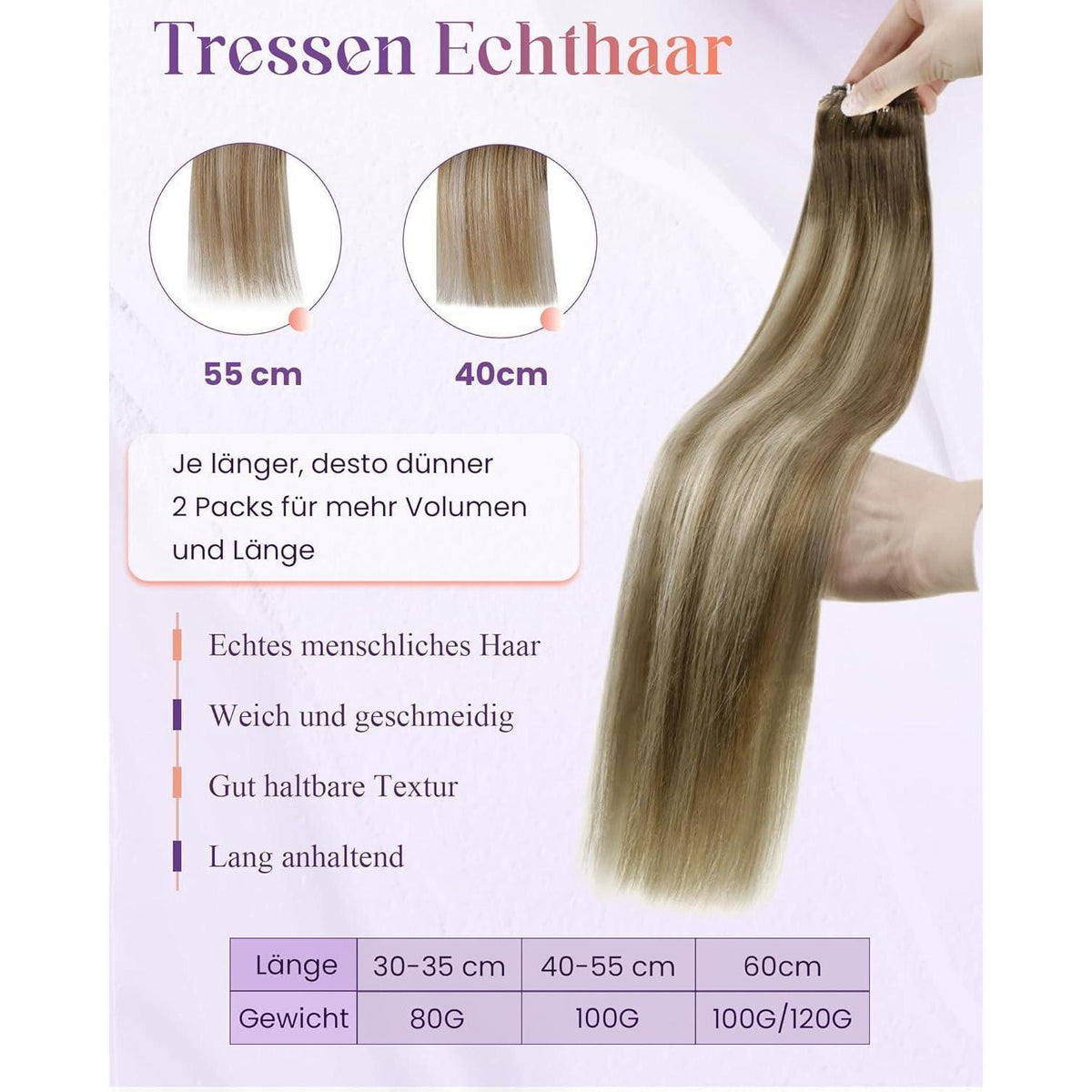 Echthaar Tressen Blayage Braun Ombre 60cm - 100g