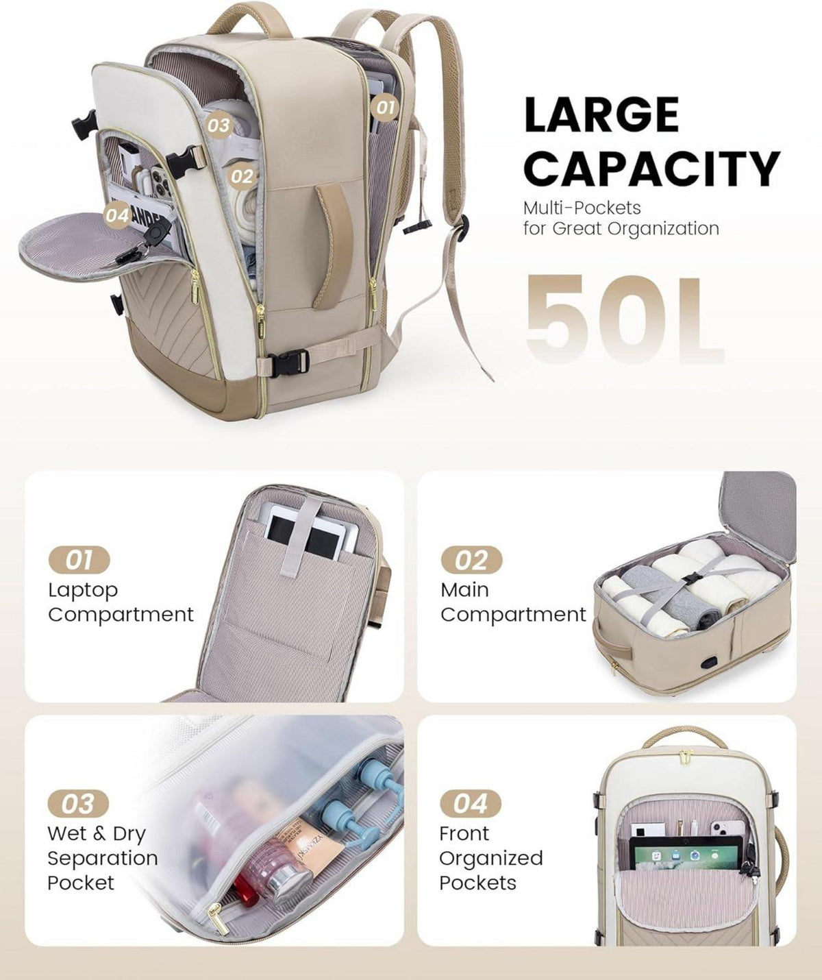 Reiserucksack Damen Handgepäck 40L Laptop Travel Backpack 18 Zoll