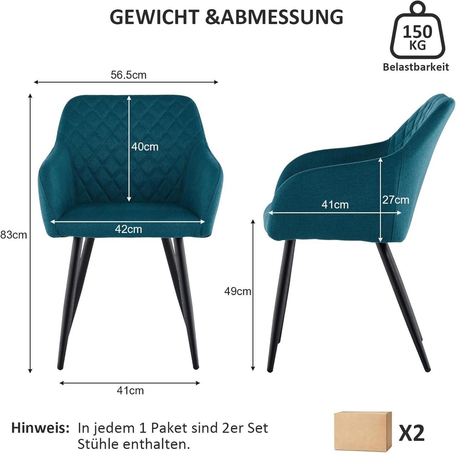 Esszimmerstühle 4er Set Leinen Bezug Armlehne Metallbeine Blau