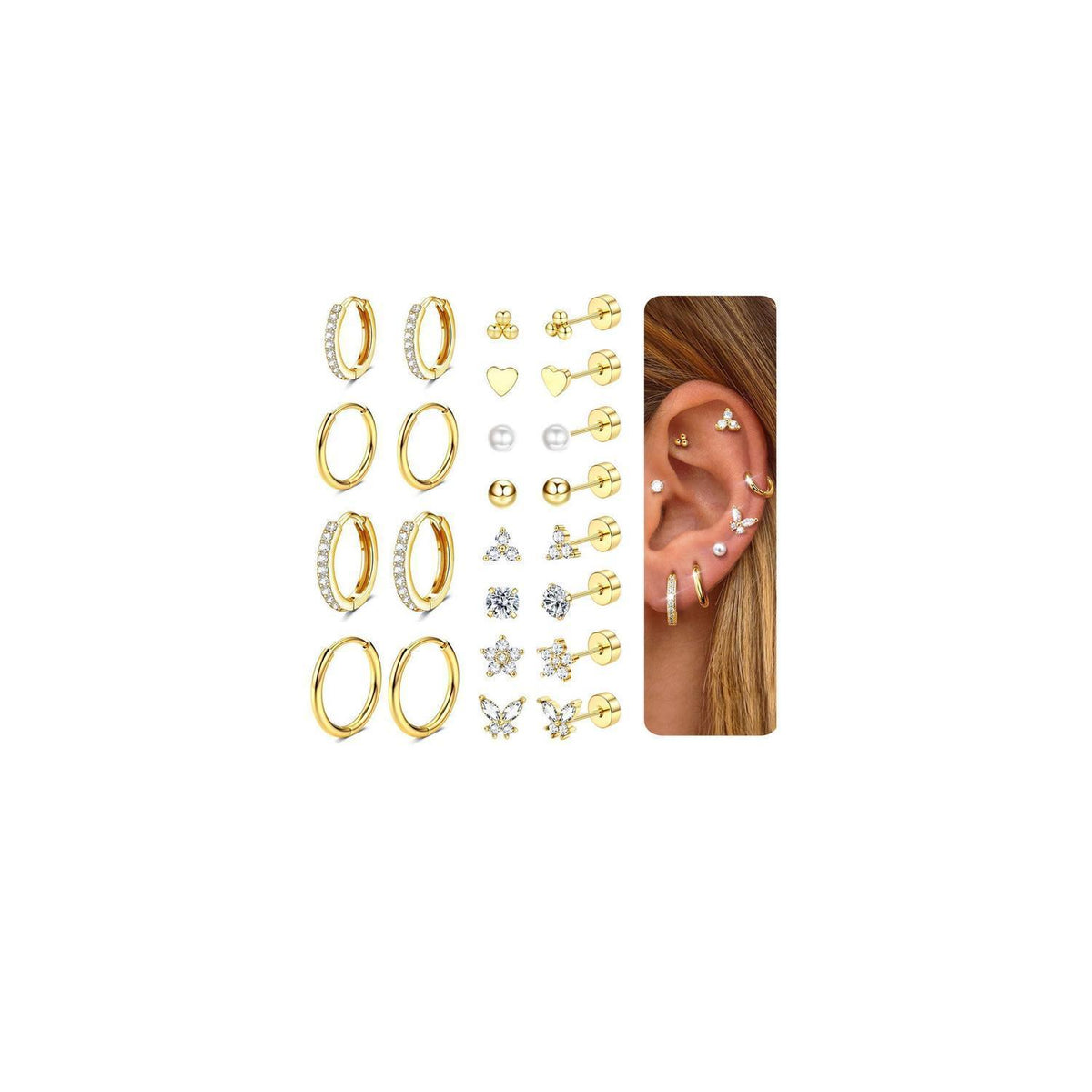 12 Paar Ohrringe Set Gold Silber | Edelstahl Piercing für Damen Herren