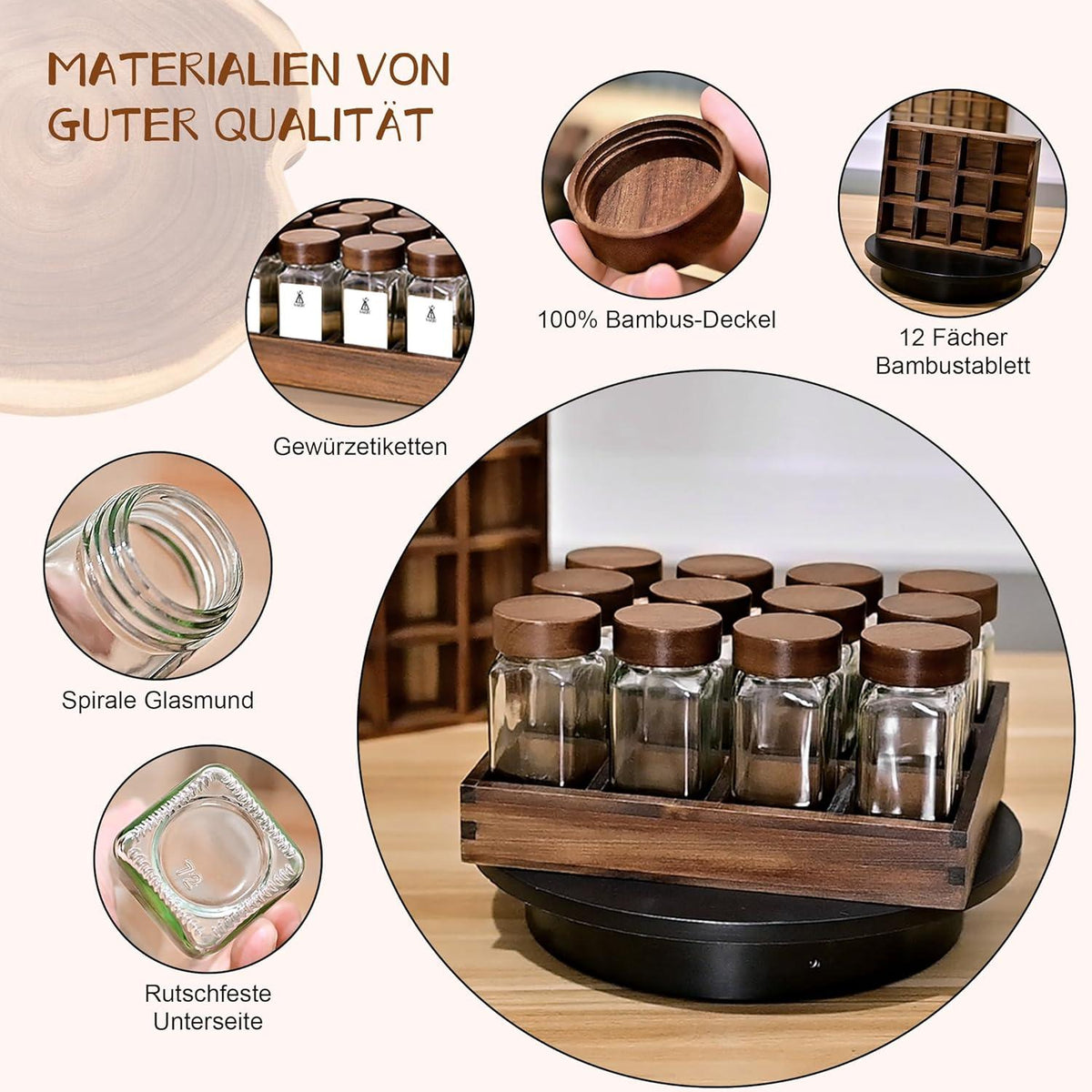 Gewürzregal Akazienholz & 12 Gläser Eckig Holz Gewürz organizer Küche