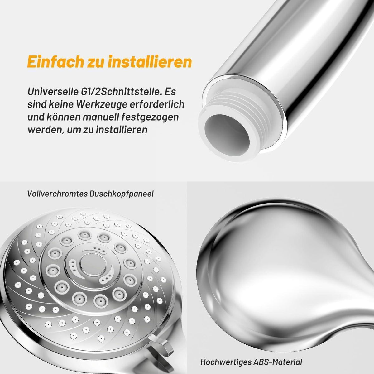 Duschkopf mit Schlauch, 6 Strahlarten, Chrom