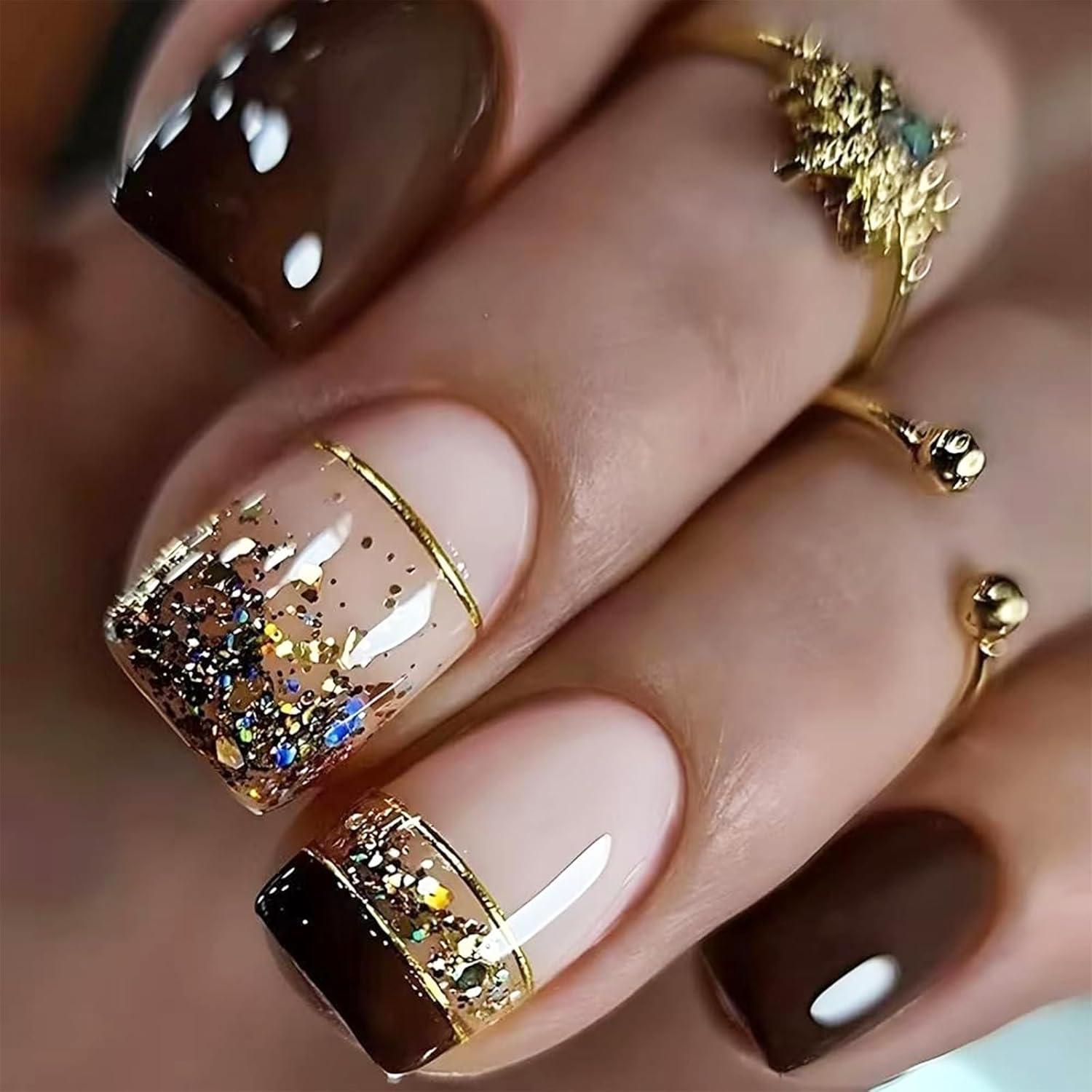 24 Stück French Tip Press On Kunstnägel Glänzend Nude Braun Gold