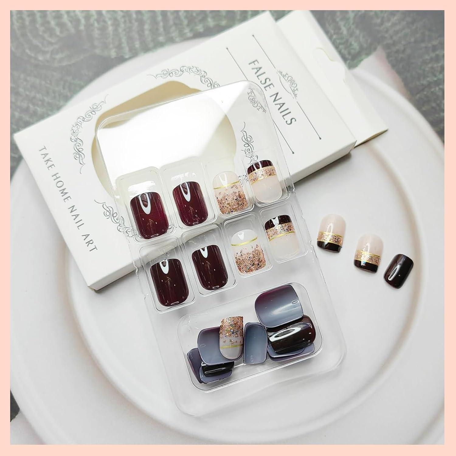 24 Stück French Tip Press On Kunstnägel Glänzend Nude Braun Gold