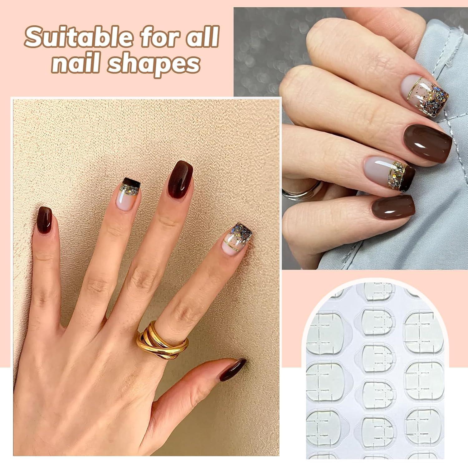 24-teiliges French Tip Kunstnägel Set in Glanz-Nude-Braun-Gold