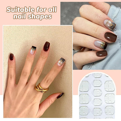 24-teiliges French Tip Kunstnägel Set in Glanz-Nude-Braun-Gold