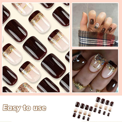 24er-Pack Kurze French Tip Kunstnägel Glänzend Nude Braun Gold