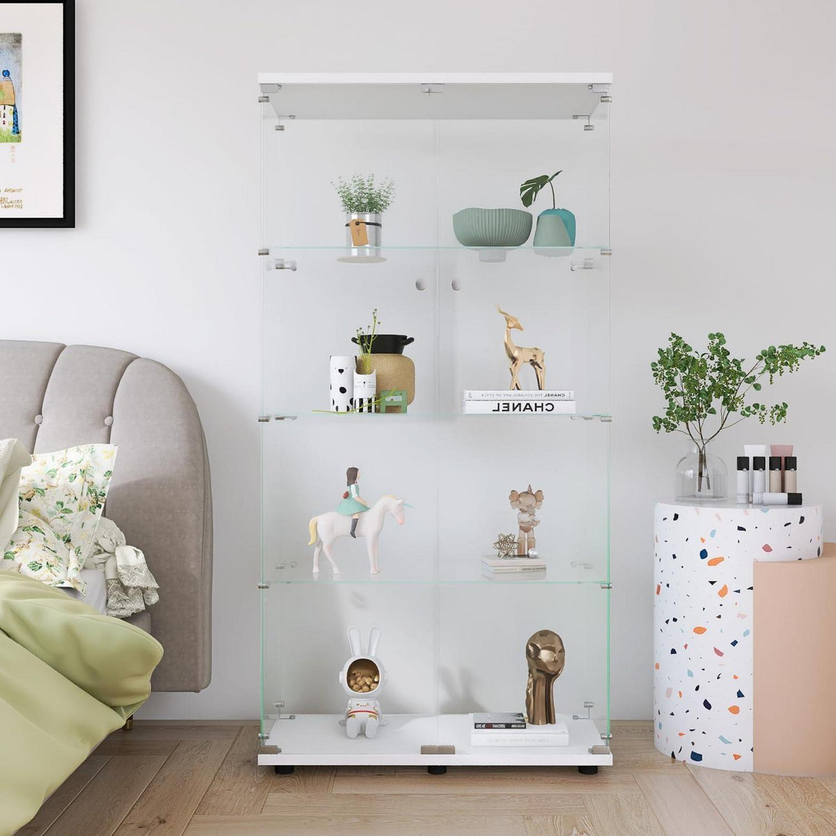Glasvitrine Weiß 4 Etagen | Moderne Regalkabine für Wohnzimmer