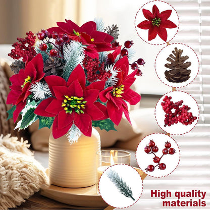 Künstliche Weihnachtssterne 4er Set mit Tannenzweigen & Beeren