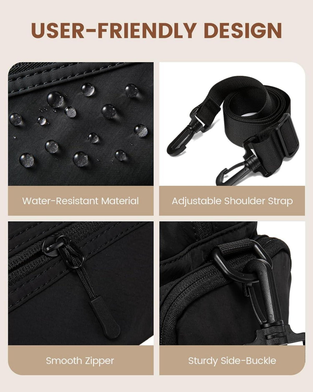 Schwarze Umhängetasche Damen | Leichte Schultertasche mit Fächern