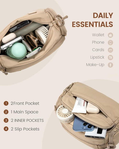 Damen Umhängetasche Crossbody Bag mit vielen Fächern in Khaki