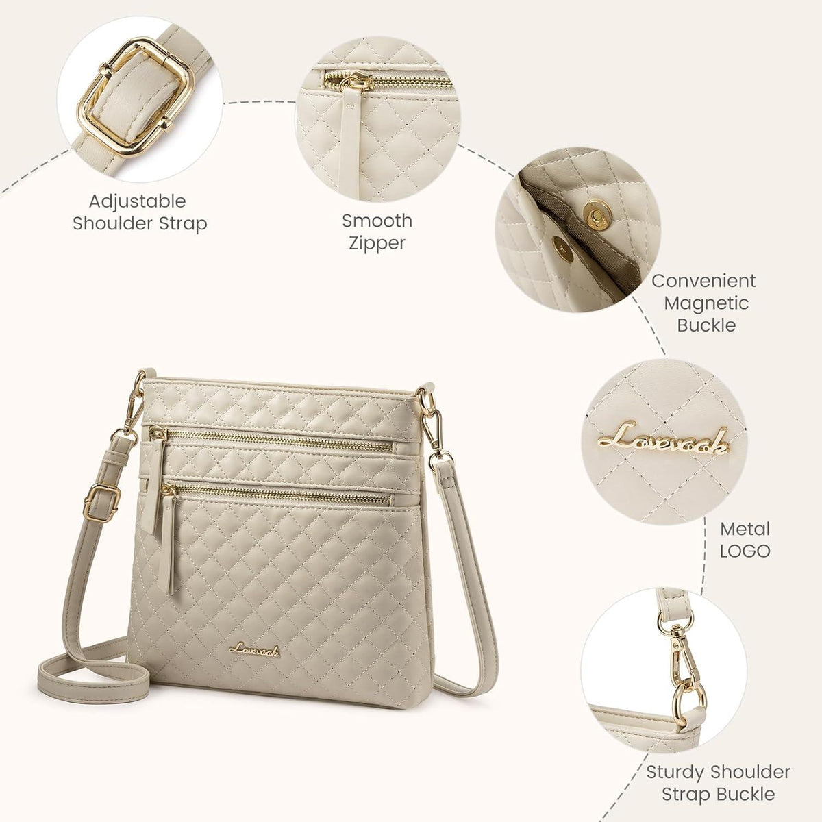 LOVEVOOK Crossbody Bag Damen Handtasche Schultertasche Beige