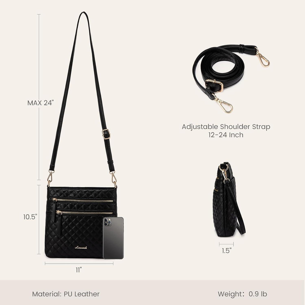 Damen Umhängetasche Mittelgroß Crossbody Bag Echtleder Schwarz