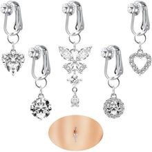 Fake Bauchnabelpiercing Set mit Clip, Herz Kristall Schmetterling Blume Anhänger