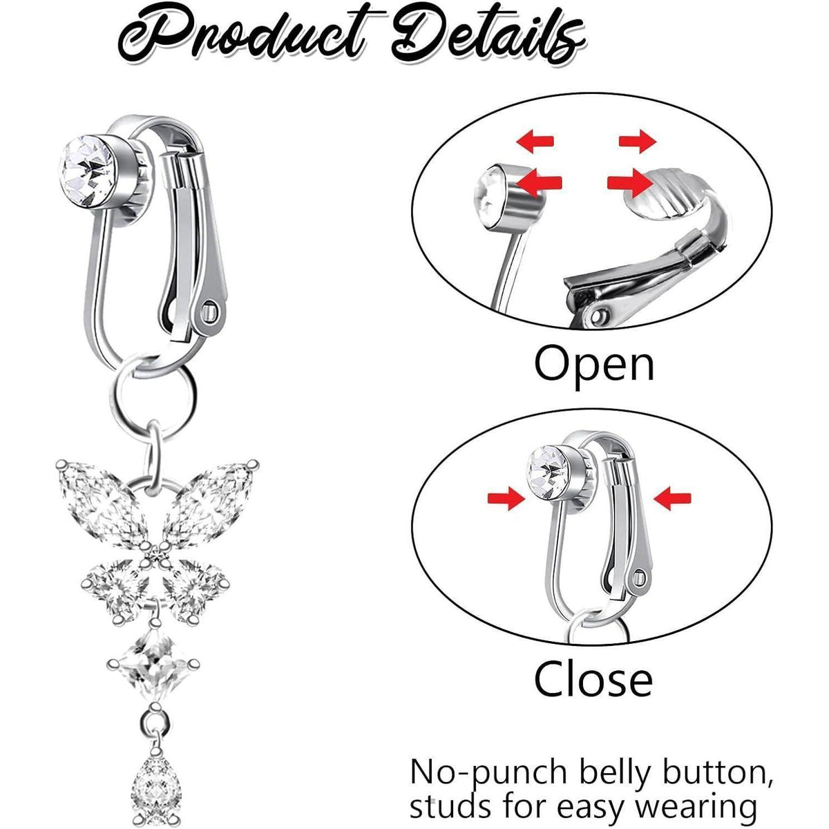 Fake Bauchnabelpiercing Set mit Clip, Herz Kristall Schmetterling Blume Anhänger