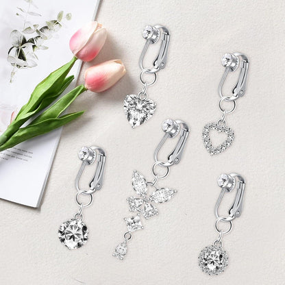 Fake Bauchnabelpiercing Set mit Clip, Herz Kristall Schmetterling Blume Anhänger