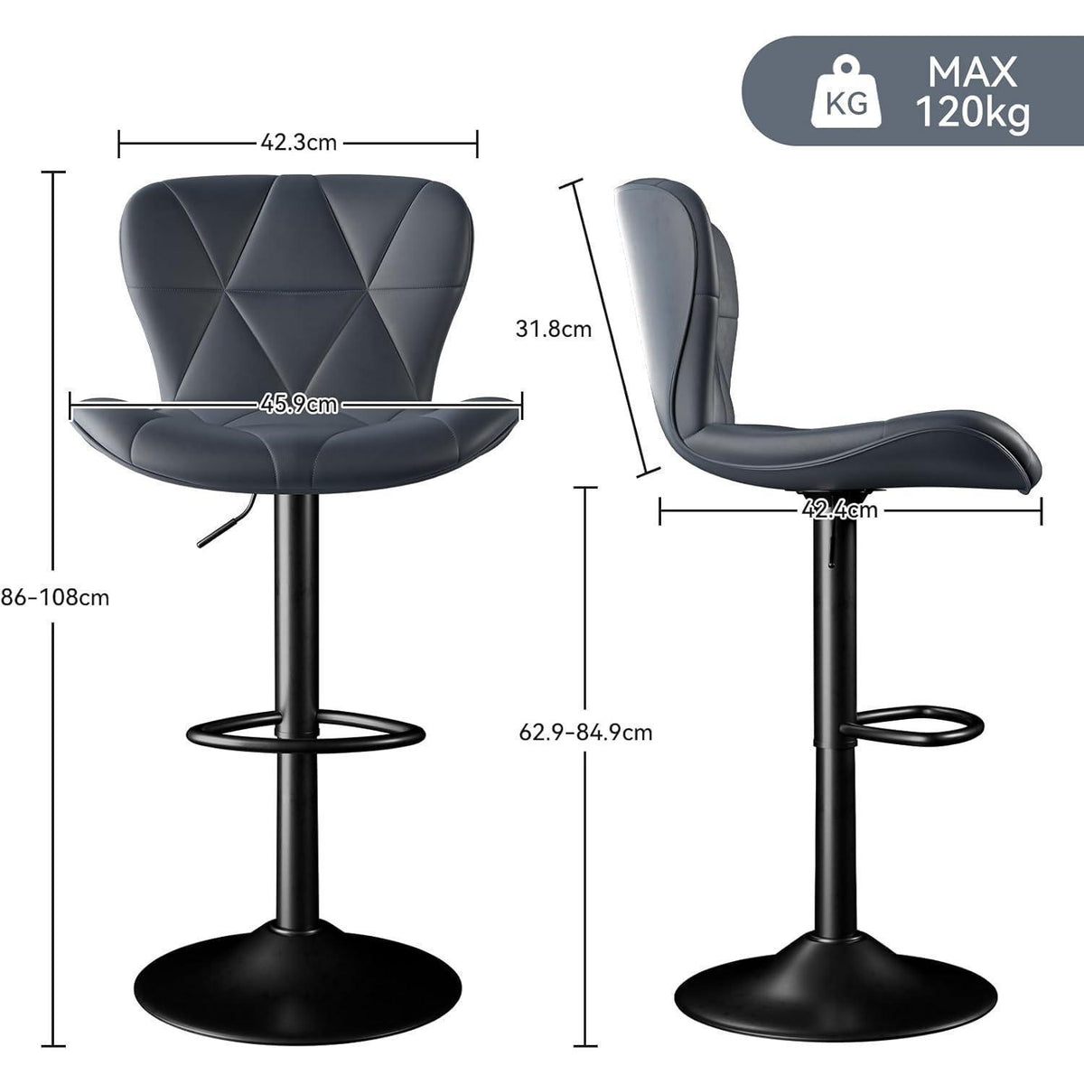 Barhocker 4er Set, höhenverstellbar mit Rückenlehne, dunkelgrau