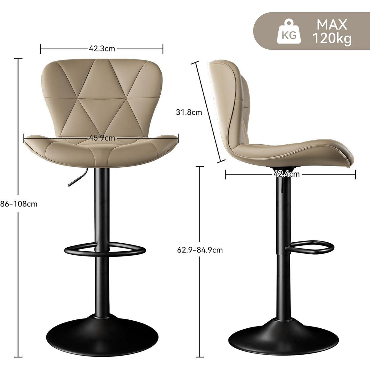 Hawthyhome Barhocker 2er Set Khaki Höhenverstellbar mit Rückenlehne