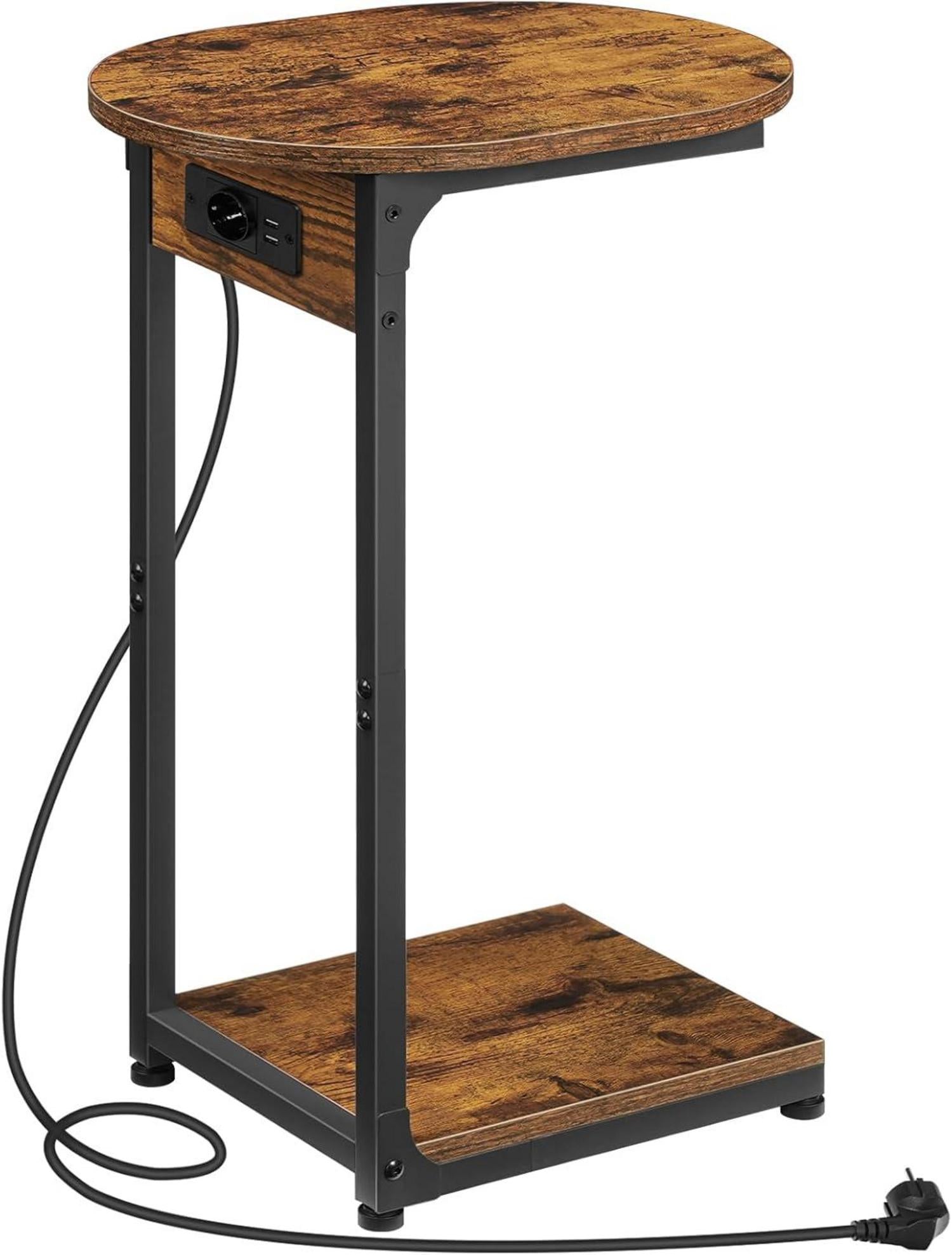 C-förmiger Beistelltisch mit Ladestation Vintagebraun/Schwarz