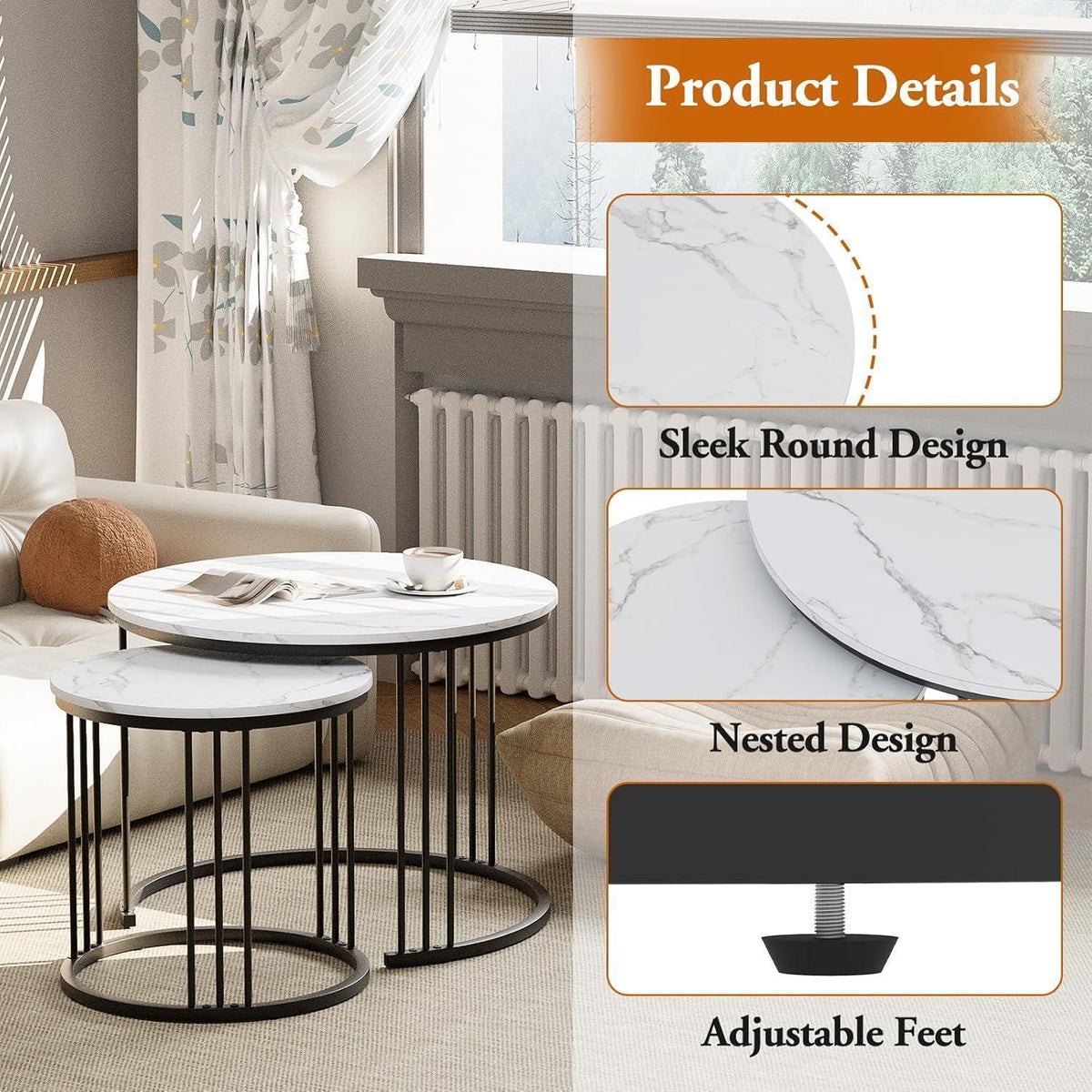 Runde Couchtische 2er-Set Metallrahmen Schwarz 60cm