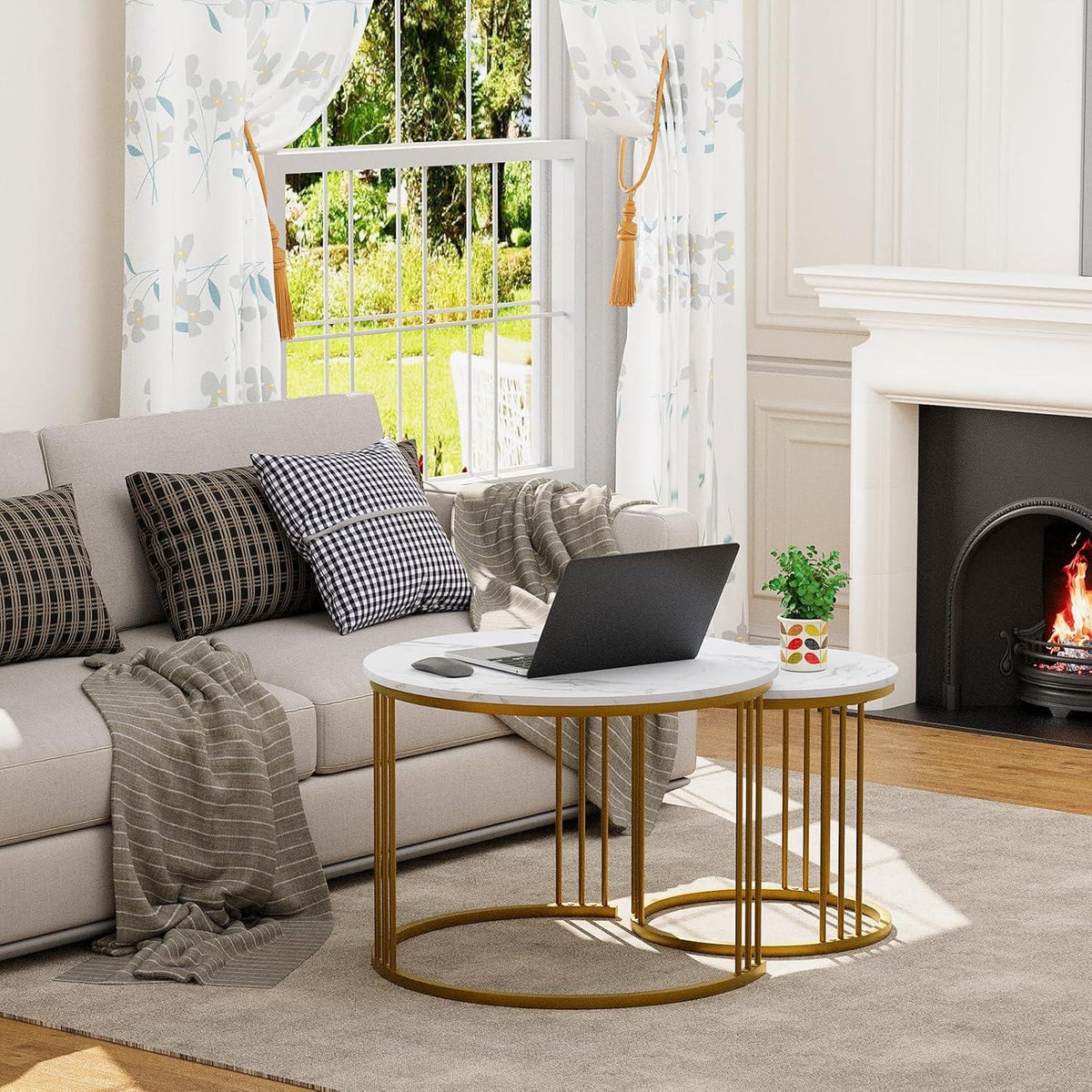 2er-Set Runde Couchtische Metallrahmen Gold 60 cm - Wohnzimmer Schlafzimmer Büro Wohnung