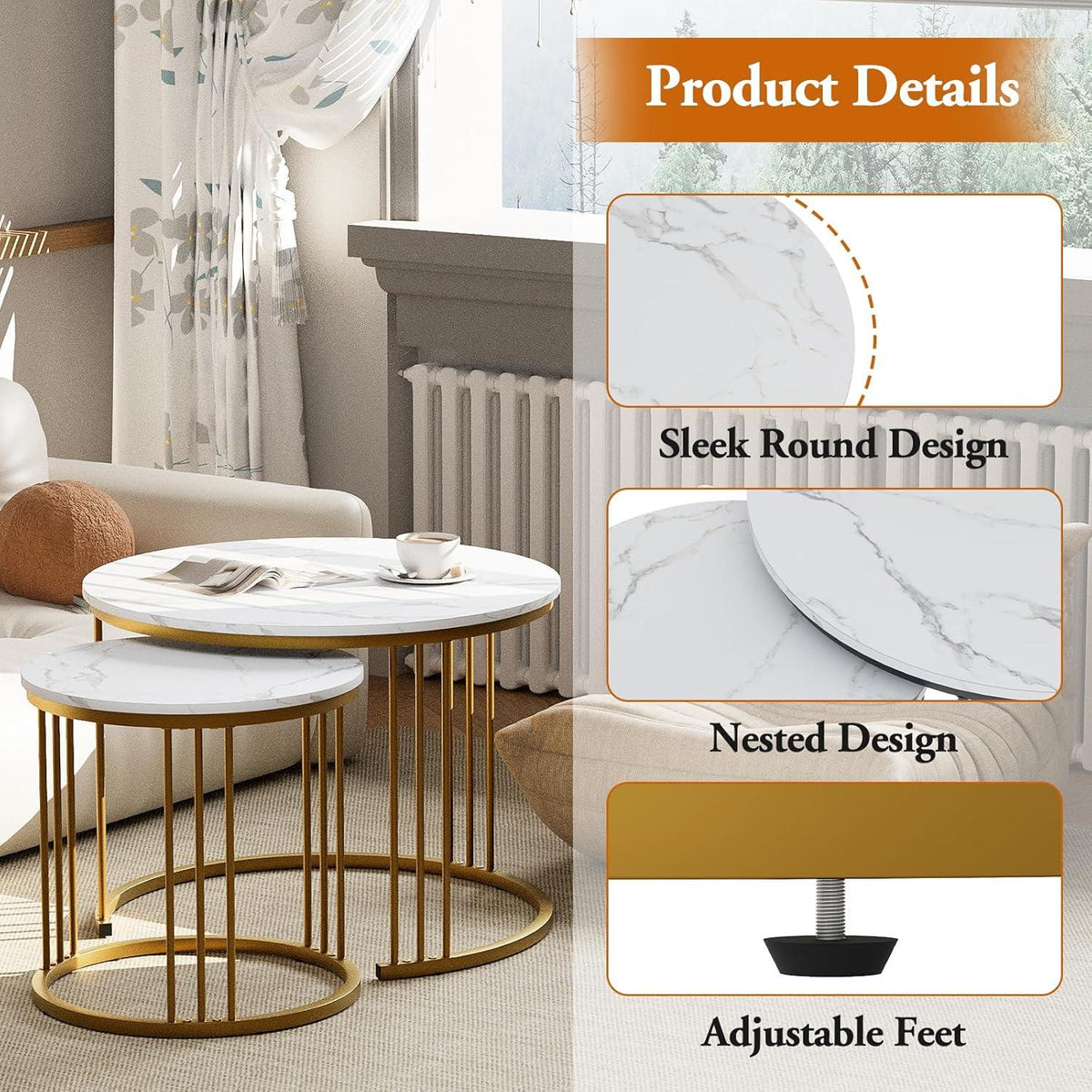 Runde Beistelltische Set Metallrahmen 60 cm Gold Wohnzimmer Schlafzimmer
