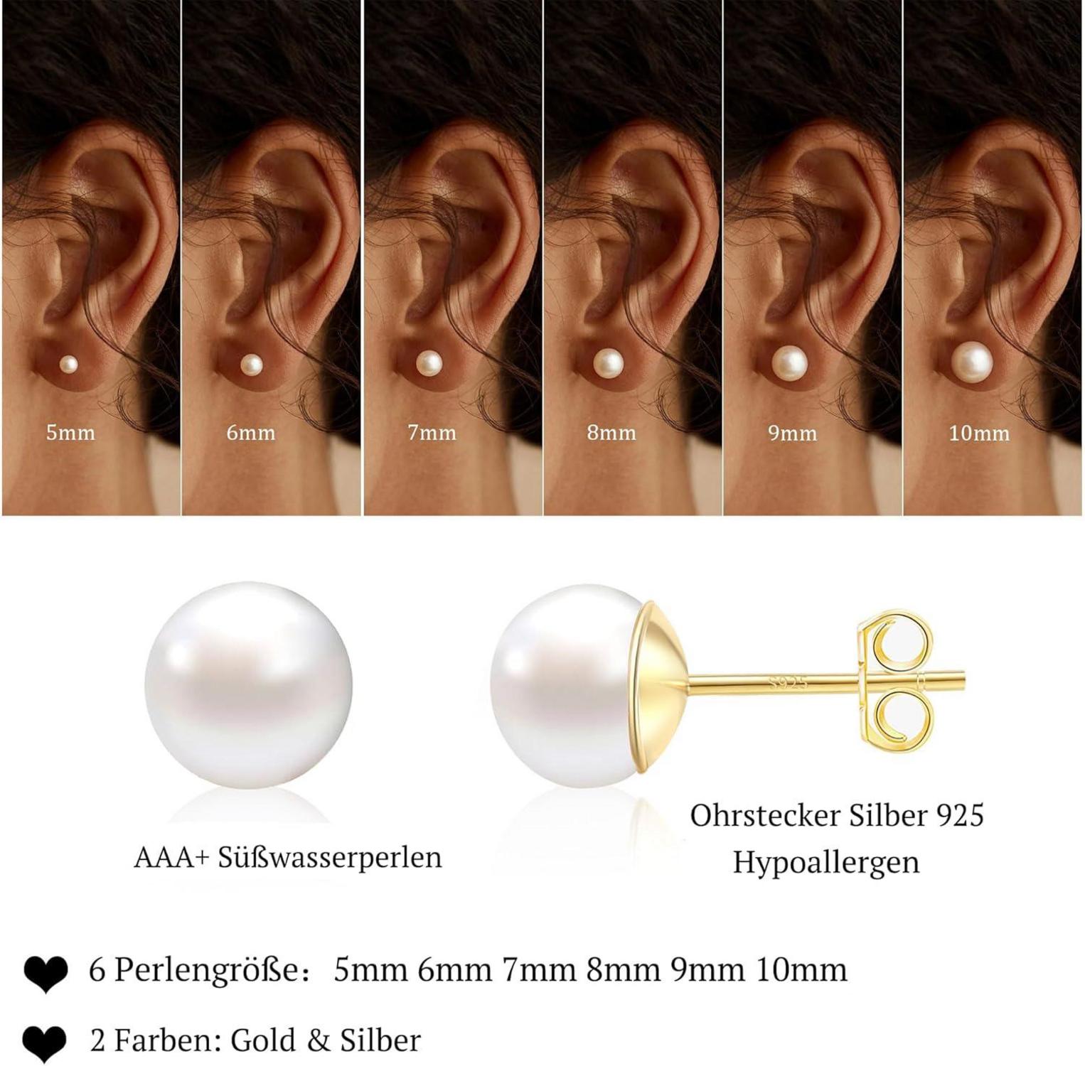 Perlen Ohrringe Silber 925 Stecker Damen Weiße Süßwasserperlen Ohrstecker Gold