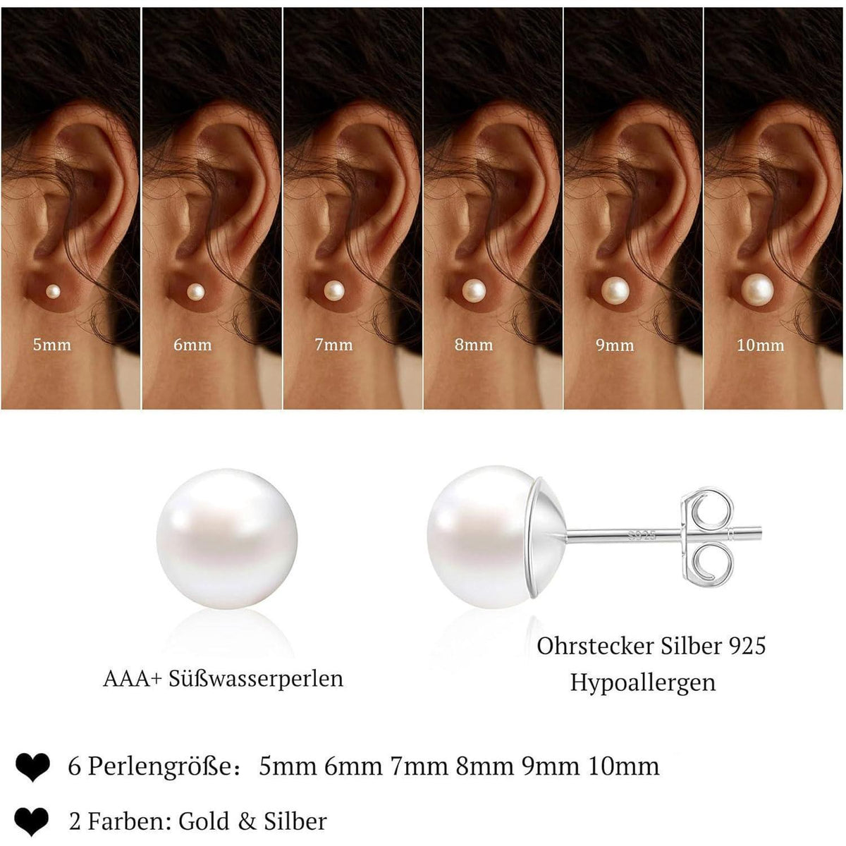 Perlen Ohrstecker 925 Silber Süßwasserperlen Weiß A-Silber